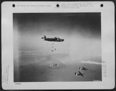 Thumbnail for Calais > Bombs, Dropped By Consoliated B-24 Liberators Of The 446Th Bomb Group, Descend On Enemy Installations At Calais, France.  5 June 1944.