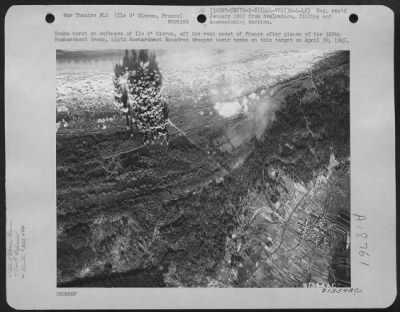 Thumbnail for Ile D'Oleron > Bombs Burst On Defenses Of Ile D'Oleron, Off The West Coast Of France After Planes Of The 320Th Bombardment Group, 444Th Bombardment Squadron Dropped Their Bombs On This Target On April 30, 1945.