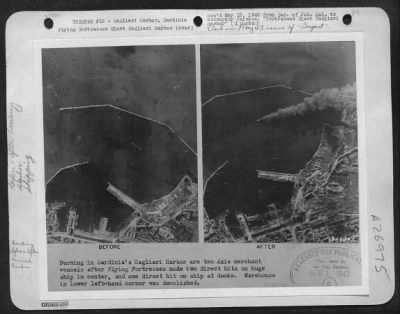 Thumbnail for Consolidated > Flying Fortresses Blast Cagliari Harbor-Nipping a possible attempt to evacuate Rommel's forces from North Africa, American B-17 (Flying Fortress) Bombers destroyed 32 Axis ships and 95 planes at Cagliari Harbor in southern Sardinia April 2. The