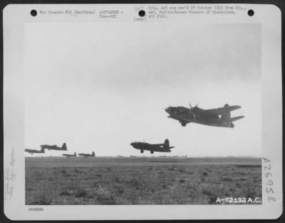 Thumbnail for Consolidated > Six Martin B-26 "Marauders", Of The Mediterranean Theatre'S Oldest Medium Bomb Group, Take Off In Unison From Their Base In Sardinia.  Believed The First Such Attempt By "Marauders", The Six-Plane Take-Off Saved Five Minutes From The Time For 'Joinups' An