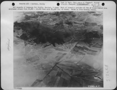 Thumbnail for Consolidated > Air Aspects of Campaign For Sicily. Gerbini, 9 June: Part of invasion prelude--21 9th AF Consolidated B-24 airplanes attack from 20,000-23,000 feet with 82,400 lbs. of bombs. Smoke is from burning planes.