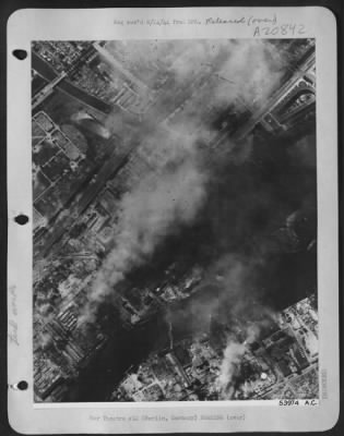 Consolidated > The two very large buildings which form the main part of the Neiderschoneweide tank engine plant in Berlin were left gutted and burning after the attack by U.S. 8th AF heavies on 6 August 44. Three medium sized installations and a group of smaller
