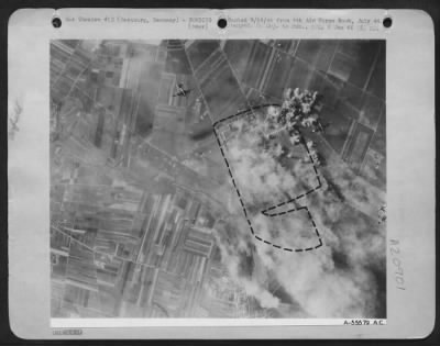 Consolidated > Succeeding waves of Consolidated B-24's hit airfield dispersals, destroying or damaging at least 10 aircraft.-Bernburg, Germany.