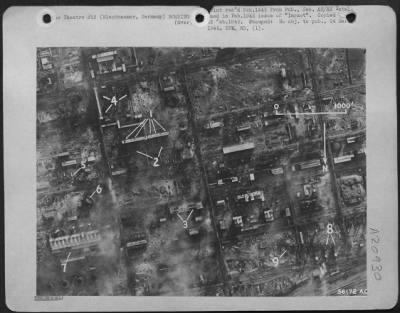 Thumbnail for Consolidated > Blechhammer, Germany on 27 Dec. 1944 shows holes in roof of water gas plant (1); blower houses (2) damaged; main compressor house (3) severely damaged; low temperature carbonization plants (4) damaged; H2S removal building (5) damaged; gasholder