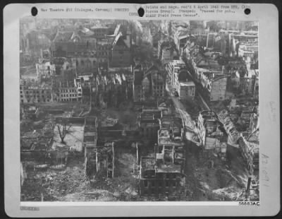 Consolidated > General view of a section of Cologne showing the devastation visited upon Germany's fourth largest city by the heavy allied air assaults that were co-ordinated with the ground forces steadily advancing through Germany.
