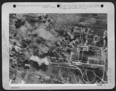 Consolidated > Formerly making motor transport and aircraft wings, German plant at Fallersleben, shown under attack 5 Aug 44 by 8th AF heavy bombers, is now believed to be manufacturing fuselages and other parts for robot bombs. This plant is located about 20 miles