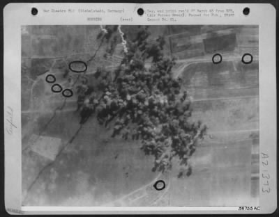 Consolidated > Bombs dropped by part of a force of 1,300 Boeing B-17 Flying Fortresses and Consolidated B-24 Liberators of the U.S. 8th Air Force explode on the jet plane airfield at Giebelstadt, midway between Nurnberg, and Frankfurt, March 22, 1945. Nine jet