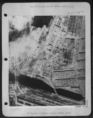 Consolidated > At the Howaldtwerke naval ship yard in Hamburg, Germany, believed to be one of the largest builders of Nazi U-Boats, considerable damage was done to frame-building shops and plate furnaces, smithery stores and barrack huts, by the U.S. 8th AF heavy