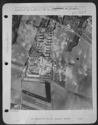 Consolidated > Attack on Hamburg/Glinde ordnance depot on 6 Oct 44 nearly destroyed its three main ordnance buildings (1), did serious damage to three of twelve standard ramped buildings (2), destroyed smaller unidentified buildings (3). GERMANY.