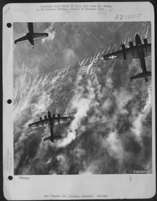 Thumbnail for Consolidated > The Nazis Have Released Smoke Screens In An Effort To Hide Their Railroad Yards As Boeing B-17 Flying Fortresses Fly Over The Target At Bremen, Germany, Prior To Release Of Bombs.  8 Oct 1943.