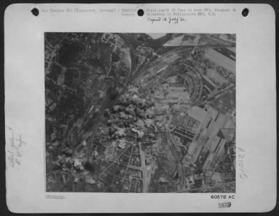 Thumbnail for Consolidated > Blanket Of Bombs -- Bursts From Heavy Concentrations Almost Cover The Wilkerwerke, Ag Factory, The Miag (Wilhelmitor) Me-110 Components Plant And Nearby Railway Installations At Brunswick During The Attack By Us 8Th Aaf Consolidated B-24 Liberators On 19