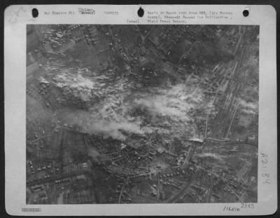 Consolidated > France -- This View Of Dulmen, Germany Was Photographed A Few Seconds After Major General Samuel E. Anderson'S Bombers Had Blanketed The Area With High Explosives Bombs And Incendiaries.  Smoke Is Just Beginning To Rise From Small Fires Dotting The Area.
