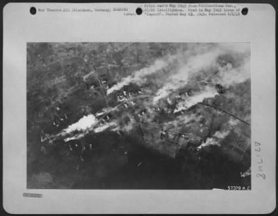 Consolidated > Fire Bombs, A Success At Isle De Cezembre, Were Used With Continued Effectiveness In Germany, As Shown Here At Kleinhau, Germany, Where Lockheed P-38 Lightnings Have Just Dropped One Bomb, Bursting At Upper Right, While Others Are Already Blazing.