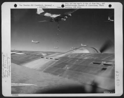 Consolidated > Bombs Away! Boeing B-17 Flying Fortresses Of 15Th Af Release Their String Of Bombs On The Airdrome At Lechfeld, Germany, 12 Sept. 44.