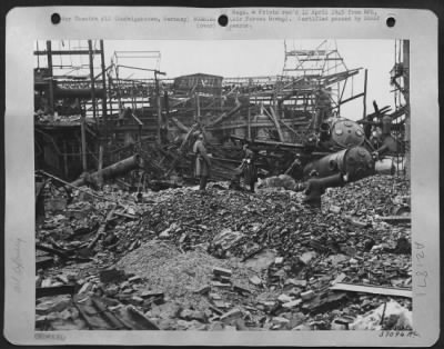 Consolidated > The Skeleton Structure Of The I.G. Farben Plant In Ludwigshaven, Germany On The West Bank Of The Rhine, Presents A Picture Far Removed From The Synthetic Oil Producing Section It Was A Year Ago.  The Main Plant Was Reported To Have An Annual Pre-War Outpu