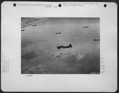 Thumbnail for Consolidated > Boeing B-17 Flying Fortresses Approaching The Target Area At Mannheim - Ludwigshaven, Germany On 14 Oct. 1943.  Position Of Cross Marks Are Approx. In The Center Of The Target Area.  Note Smoke Screen.