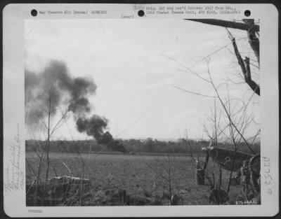 Consolidated > When The Japanese Air Force Struck At Broadway Field In Burma, They Caught One Northamerican P-51 Of The 1St Air Commando Force Attempting To Take-Off. The Plane Can Be Seen Burning On The Field. At Right Is A British Spitfire Of The Ace Squadron.