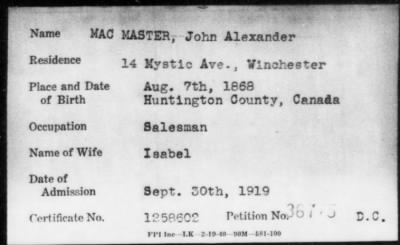 1919 > MAC MASTER, John Alexander