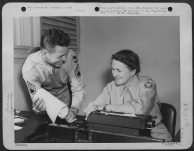 Thumbnail for Consolidated > In The Dispensary Of The Air Transport Command In Hawaii, Pvt. Eunice G. Mcfarline Of 124 South Market Street, Petersburg, Va., Is Introduced To The Daily Clerical Routine By S/Sgt. E.H. Legendre Of 18466 Washburn St., Detroit, Mich.