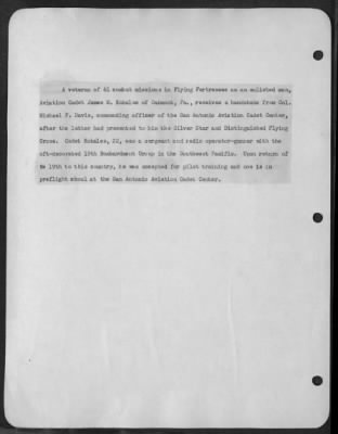 Groups > Aviation Cadet James M. Kokales - A Veteran Of 61 Combat Missions In Flying Fortresses As An Enlisted Man, Aviation Cadet James M. Kokales Of Oakmont, Pa., Receives A Handshake Form Colonel Michael F. Davis, Commanding Officer Of The San Antonio Aviation