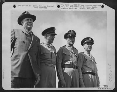 Groups > High Ranking Officers And Visitor Pose For Photographer At Hickam Field, Oahu, Hawaiian Islands. They Are, Right To Left: Major General Willis H. Hale, Major General Clarence Tinker, Lt. General Delos C. Emmons And Unidentified Civilian.