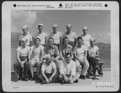 Groups > Medical, Special Service And Barber Personnel Of The 6Th Aircraft Repair Unit (Floating) Pose For The Photographer Aboard Ship Somewhere In The Pacific. 7 September 1945.
