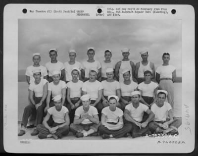 Thumbnail for Groups > Personnel Of The Propeller And Rubber Shops Of The 6Th Aircraft Repair Unit (Floating) Pose For The Photographer Aboard Ship Somewhere In The Pacific. 8 September 1945.