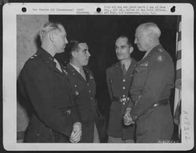Groups > Photograph Taken At General O. P. Weyland'S Party In Luxembourg, France [Sic] On 11 February 1945.  From Left To Right:  General Weyland; Colonel Brown, Chief Of Staff; Brigadier General Sanders, Commanding General Of The 100Th Wing; And General Patton, C