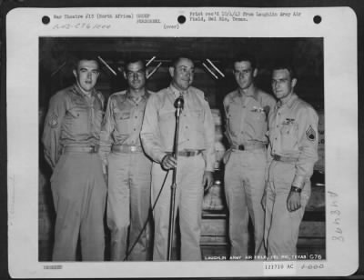 Thumbnail for Groups > Major Johnnie W. Stutts, Post Officer, Introduces To Laughlin Field Mechanics Four Veterans Of 37 Combat Missions As Part Of The Crew Of A B-26 Martin Marauder, 'Sky King Ii', In North Africa, Sicily, Sardinia, And Other Mediterranean Bases.  Left To Righ