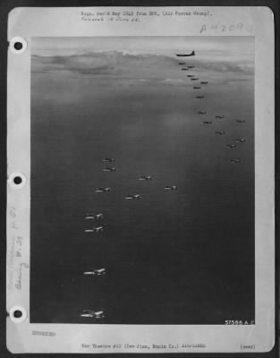 North American > North American P-51 Mustangs Fighters Escorting Boeing B-29 Superfortresses.