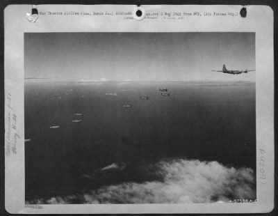 North American > North American P-51 Mustangs Fighters Escorting Boeing B-29 Superfortresses.  Iwo Jima.