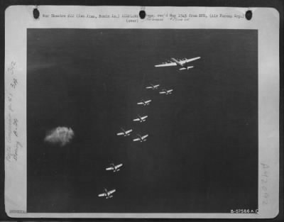 North American > North American P-51 Mustangs Fighters Escorting Boeing B-29 Superfortresses.  Iwo Jima.