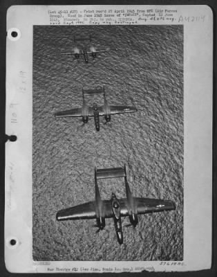Northrop > Iwo Jima, Bonin Island Group - Skimming Over The Sparkling Sea, These Northrop P-61 'Black Widows', The Night Defenders Of Iow, Are Seen On A Practice Run.
