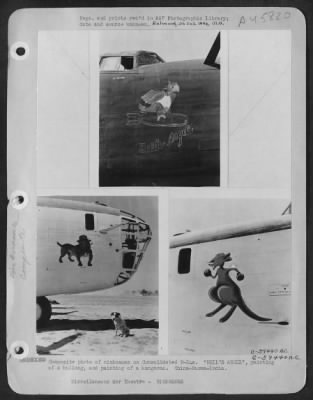 ␀ > Composite Photo Of Nicknames On Consolidated B-24S.  "Hell'S Angel", Painting Of A Bulldog, And Painting Of A Kangaroo.  China-Burma-India.