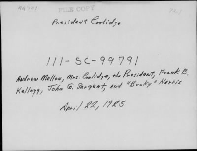 1925 > Andrew Mellon, Mrs. Coolidge, Pres. Coolidge, Frank B. Kellog, John G. Sargent and Bucky Harris
