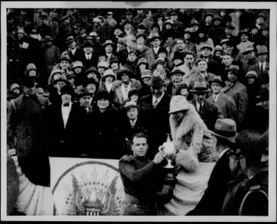 Thumbnail for 1926 > Mrs. Coolidge presenting cup to Henry Crowe, Captain of Marine Squad at President's Cup game