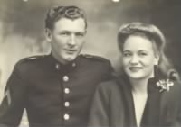 Corporal Keith Carpenter Jensen after return from WWII, 1945; he married Nadine Velma Murphy in 1945.jpg