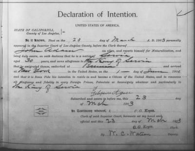 Thumbnail for Adam, John > Declaration of Intention (1903)