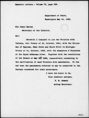 Oct. 10, 1865-Apr. 7, 1866 > 341 - Confederated Tribes of Arapaho and Cheyenne tribes of Indians at the Camp on the Little Arkansas River in the State of Kansas, October 14, 1865; and assent to amendments, November 10 and 19, 1866.