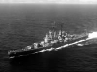 Thumbnail for Andres de Jesus (Jesse) Serrato Lopez  USS Columbia (CL-56), port bow aerial view while underway on 15 May 1945 off San Pedro, California..jpg