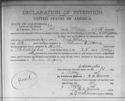 Thumbnail for Addington, James > Declaration of Intention (1888)