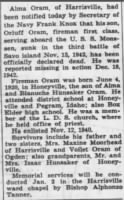 Orluff Oram Obituary text only, The Ogden Standard-Examiner 19431217 Page 13.JPG