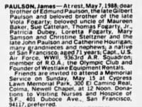Obituary for James PAULSON - The San Francisco Examiner, 09may1988