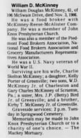 Obituary for William Douglas McKinney (Aged 61) - The Greenville News Greenville, South Carolina 04Nov1986