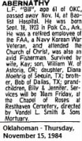 LF Bill Abernathy Obituary, Oklahoman, 15Nov1984, from KimW on Findagrave