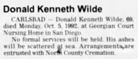 Donald Kenneth Wilde, North County Times from Oceanside, California, 09Oct1992
