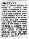 Obituary for Fred J. McKENNA - The Cincinnati Enquirer, Cincinnati, Ohio, 21 May 1997.jpg