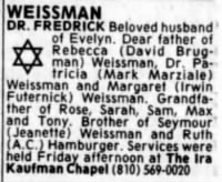 Obituary for Fredrick Weissman, Detroit Free Press, MI, 08Oct1994
