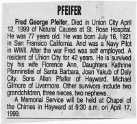 Fred G Pfeifer obituary, California, Alameda County, Oakland