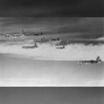 B-26 bombers of the 397th Bombardment Group, 599th Bomb Squadron, fly in formation